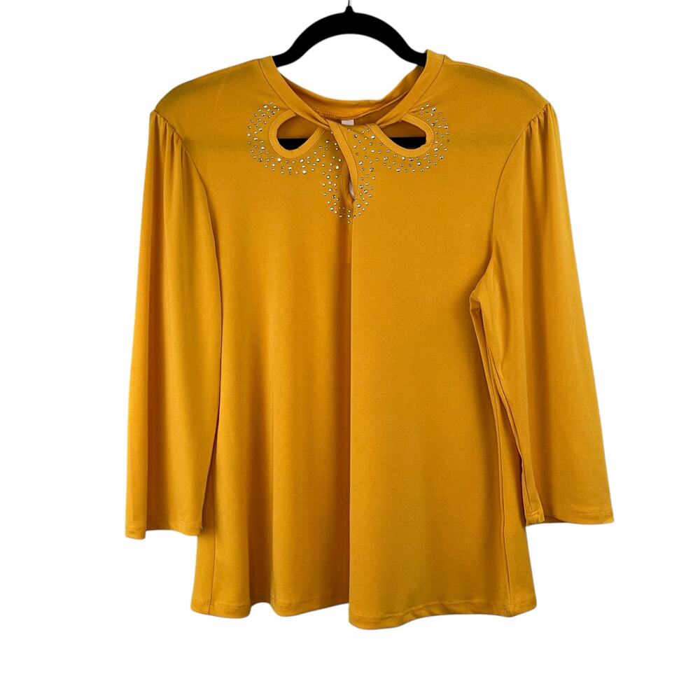 NY Collection Mustard Yellow Studded Cutout 3/4 Sleeve Blouse Top NWT Petite XL
